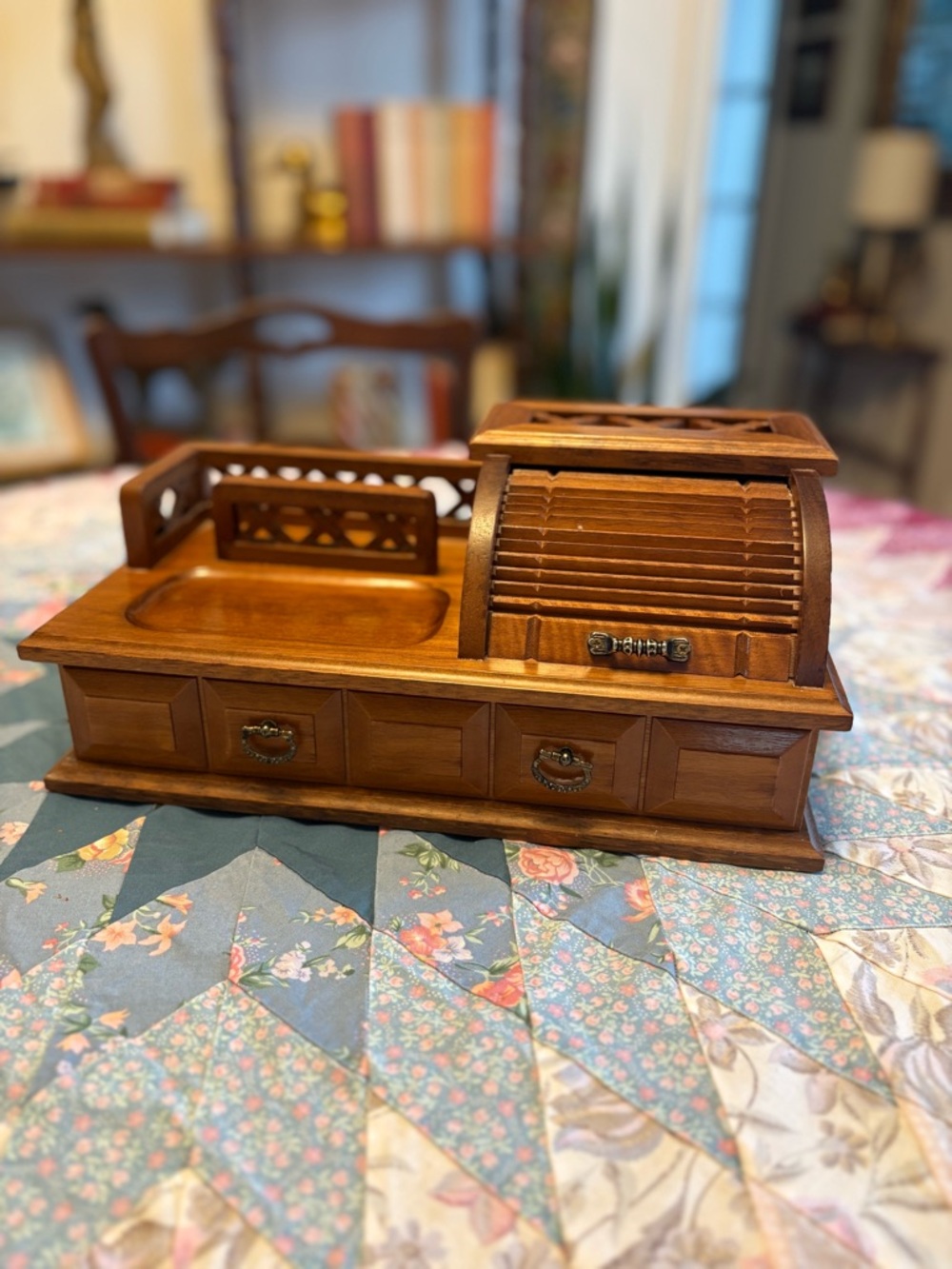 Vintage Wooden Desk Organizer with Roll-Top Drawer - Brown
